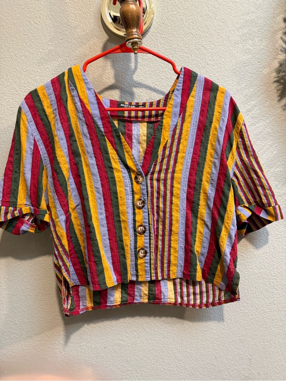 Nasty Gal Multicolor Striped Button-Front Crop Top - Yellow/Red/Green/Blue